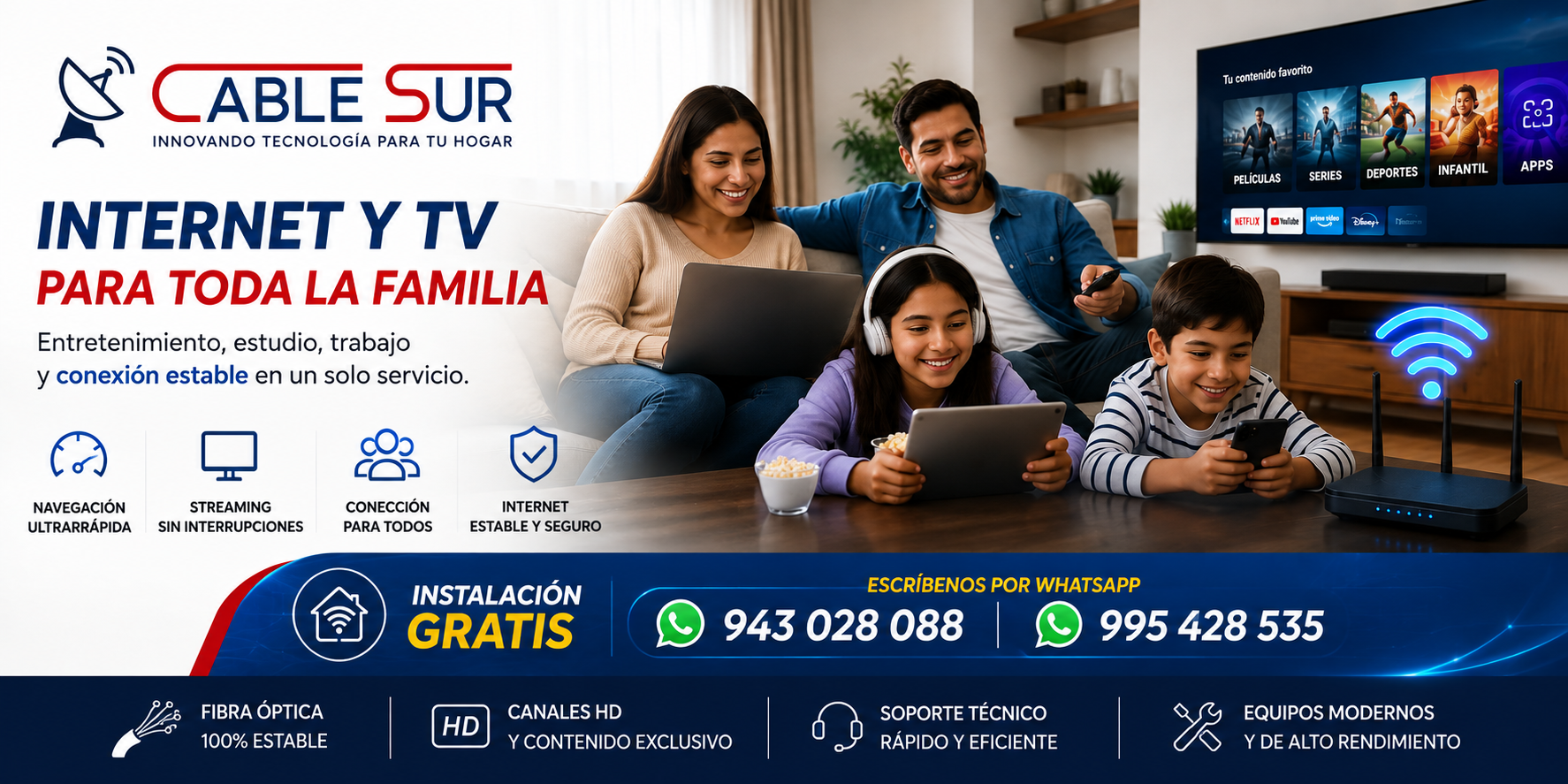 Familia disfrutando televisión e Internet en el hogar