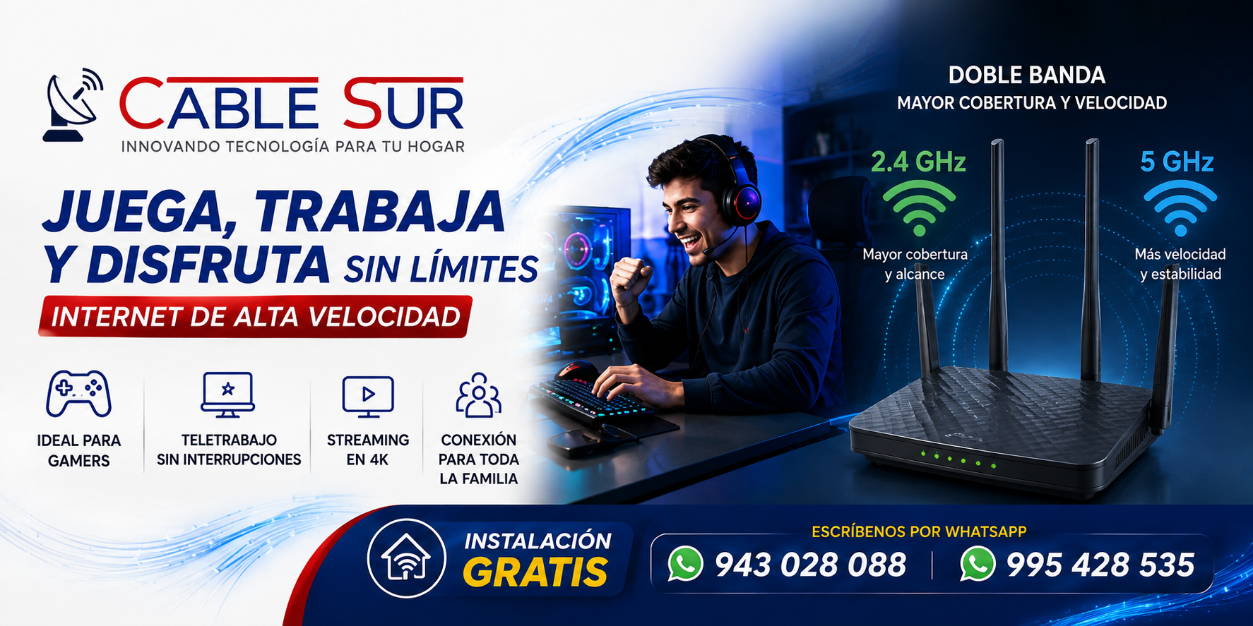 Router WiFi de doble banda 2.4 GHz y 5 GHz mostrando sus beneficios